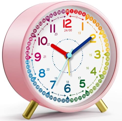 Kids Alarm Clock, Silent Non-Ticking, Analog Learning Clock for School Beginners, Stylish Round Metal Clock, Easy to Read, Battery Operated, Loud Ringing Back to School Gifts by GiftsforChildAdultandPet