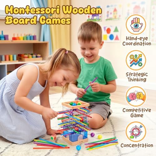 Montessori Wooden Board Game for Kids 4-6 with 48 Sticks and 12 Balls - Image 4