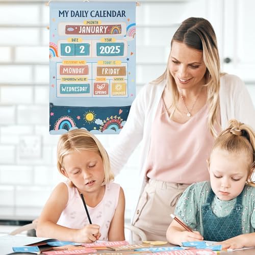 Blosssound 48 Pcs Learning Calendar Wall Chart My Daily Calendar for Kids Retro Hippie Boho Interactive Pocket Chart with Cards for Toddlers & Kids Circle Time Board for Classroom Preschool Learning - Image 6