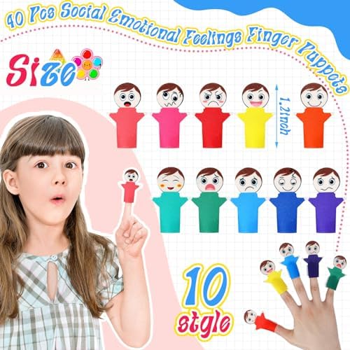 40 Pcs Feeling Finger Puppets Hand Puppets Counselor Gifts Social Emotional Learning Activities with 10 Expression Felt Finger Puppets for Autistic People - Image 2