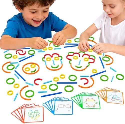 Montessori Smart Sticks Learning Set with Rings and Challenge Cards, 120PCS Creative Building Kit, STEM Toys for 3 4 5 Year Old Kids, Preschool Montessori Learning Activities by TINYLENS