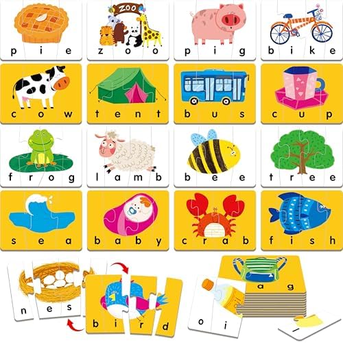 Self-Correcting Spelling Puzzles, Double-Sided Three and Four-Letter Word Spelling Cards with Picture Matching, 48 First Words Learning for Kindergarten Readiness, Preschool Ages 4+ by SpriteGru