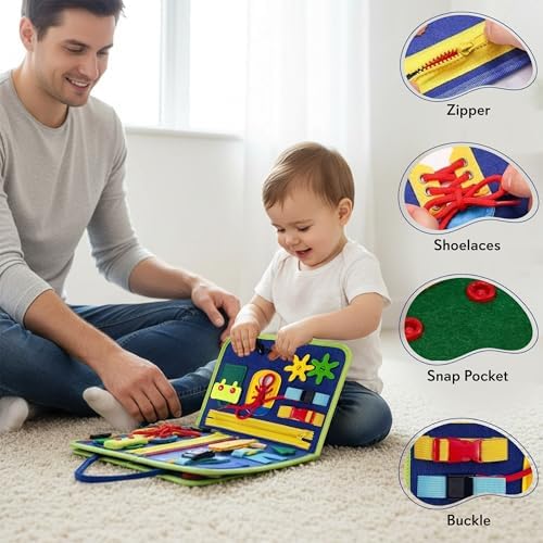 Montessori Busy Book for Toddlers 1-3 – Busy Book for 1 Year Old, Sensory Busy Board with Zipper, Buckle, Velcro & Lacing, Fine Motor Skills, Hand-Eye Coordination, Travel Toy, Gift for Boys Girls - Image 3