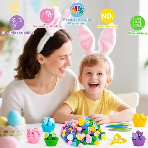 EZdhuawuse Summer Sensory Bin Fillers Toys for Kids - 268 Summer Egg Bunny Fine Motor Toys Birthday Gift, Counting Sorting Toys with Felt Egg Rabbit Pom Pom Cup Clips, Preschool Learning Activitie - Image 6