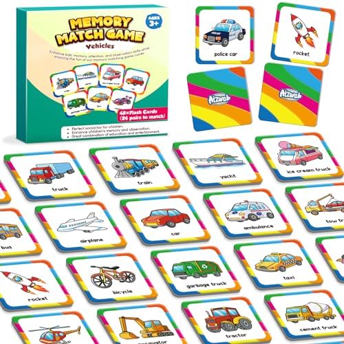 Aizweb Match Game,Memory Game, Vehicle 48 Pcs Toddler Card Games for Kids Ages 3 4 5 6,Flash Cards for Preschool Kindergarten Learning Activities,Educational Toys Homechool Supplies by AIZWEB