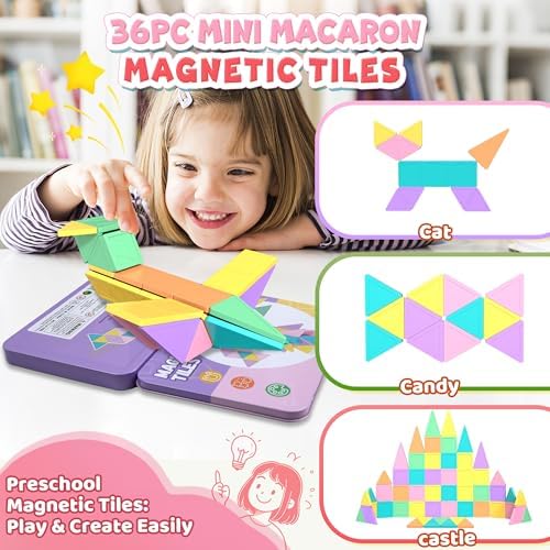 Travel Magnetic Tiles for Toddler Girls, 36PC Mini Macaron Set Airplane Restaurant Road Trip Gifts for Kids Age 3 4 5 6 7 8 Year Building Magnet Blocks Fidget Classroom Prize Easter Basket Stuffers - Image 2