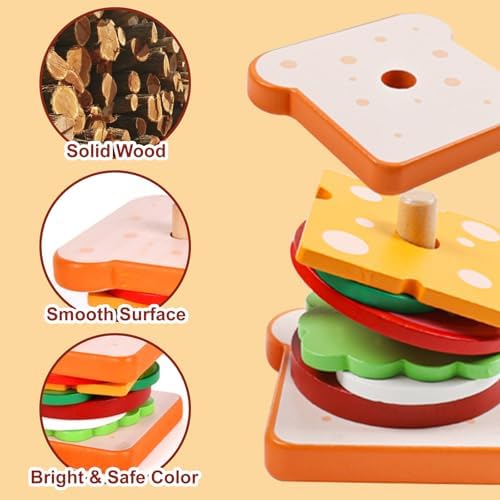 Montessori Toys for 2, 3 Year Old, Wooden Burger Sandwich Stacking Toys for Toddler Educational Toys Fine Motor Skills Foods Preschool Learning Blocks Gifts Boys Girls - Image 3