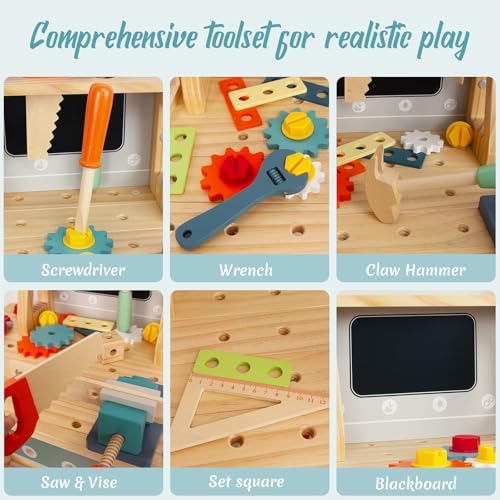 Kids Tool Bench with 86Pcs Accessories, Wooden Toddler Workbench for Boys Girls Age 3-5, Pretend Play Construction Tools Set with Saw Hammer Wrench Chalkboard & Large Storage - Image 4