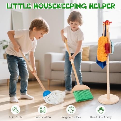 WOODMAM Wooden Kids Cleaning Set with Spray Mop, Toddler Broom Mop Set - Image 4