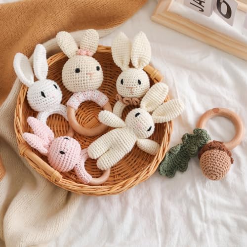 Chriswell Wooden Baby Rattle，Crochet Bunny Rattle with Wood Ring, Newborn Wooden Animal Rattle Toy，Infant Bunny Wood Rattle Toys，Bunny-2 - Image 6