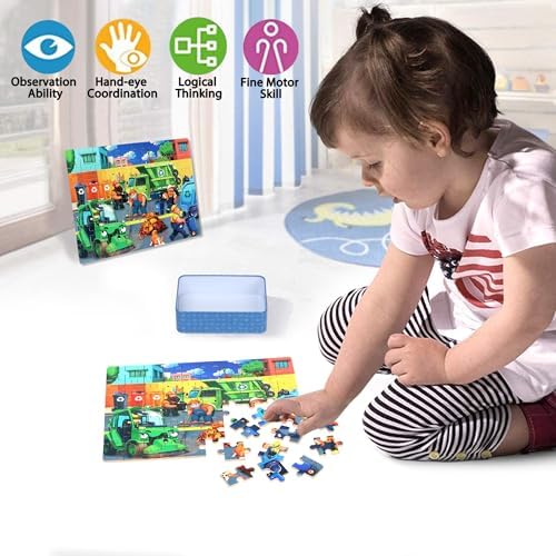 LELEMON Puzzles for Kids Ages 4-6,4-Pack Dogs Fire Fighting Garbage Truck Farm 60 Piece Puzzles for Kids Ages 4-8 in a Metal Box,Educational Jigsaw Puzzles Puzzle Games Puzzle Toys for Girls and Boys - Image 3
