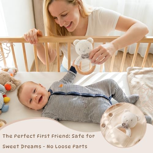 Moyii Handmade Crochet Baby Rattle Toy, 100% Organic Cotton Amigurumi Animal with Natural Beech Wood Teether Ring, Soft Sensory Newborn Toy, Montessori Nursery Gift for Boys & Girls - Image 5