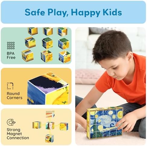 PicassoTiles 20pcs 1” Magnetic Puzzle Building Cubes Blocks for Kids, Van Gogh, Mona Lisa Hand Puzzle, STEM Magnet Toy Mix&Match Educational Popular Art Kids Toys 3+ Year Old boy Girl PMC20 - Image 6