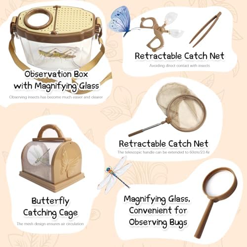 Bug Catcher for Kids Explorer Kit Kids Bug Catching Kit, Bug Catcher Kit for Kid with Binoculars, Magnifying Glass, Butterfly Kit for Aged 3+ (Brown) - Image 4
