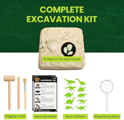 Nature Gear Dino Fossil Dig Kit for Kids, Educational Excavation Kit with 15 Glow in The Dark Mystery Fossils, Interactive Dinosaur Science Kits for Kids Age 3-5 and Up, Excavation Adventure Kit - Image 4
