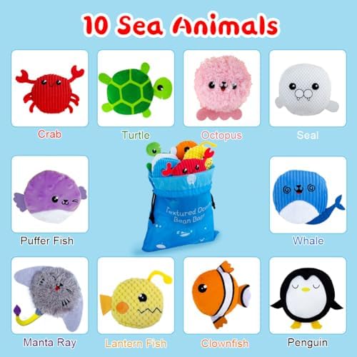 teytoy 10 Packs Sensory Bean Bags for Kids,Texture Sensory Beanbags,Sensory Toys for Autism Kids,Toddler Sensory Toys,Marine Animals Beanbags with Storage Bag,Fine Motor Toys for Preschoolers - Image 3