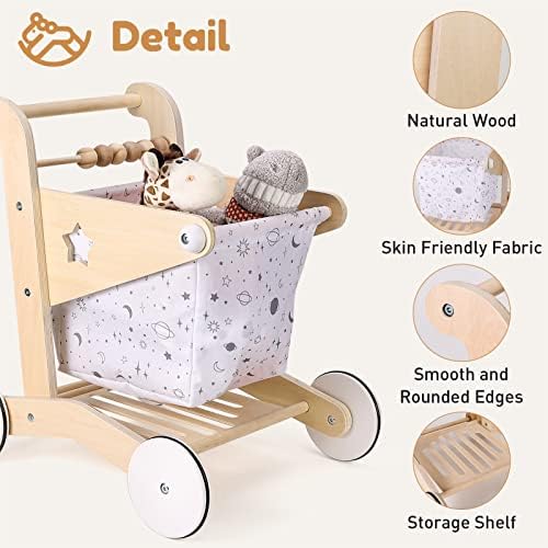 Woodtoe Wooden Baby Walker Doll Stroller, Adjustable Speed Shopping Cart for Toddlers 1-3, Baby Push Walker, Pretend Play Grocery Wagon, Baby Push Toys, Montessori Birthday Toy Gift for 1 2 3 Year Old - Image 5