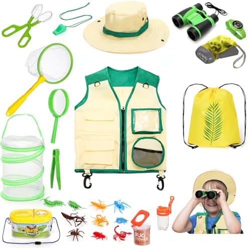 Coloch 24 Pieces Kids Outdoor Explorer Kit & Bug Catcher Kit, Bug Catching Kit with Vest, Hat, Organizing Bag, Butterfly Net, Compass and Bug Collectors by Coloch