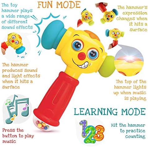 Toy Hammer w/Lights, Learning Mode and Music Mode – Baby Hammer Toy Plays 6 Short Kids' Songs, Counts 1-10 w/Baby, Changes Funny Expressions and Lights Up – for Kids 12 Months and Older - Image 4