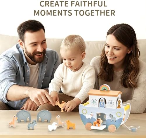 Wooden Noah's Ark Pull Along Toy with Bible Story Cloth Book - Montessori Sorting Set for Toddlers - Religious Baptism Gift for Boys & Girls -Christian Preschool Learning Toy for Kids - Image 4