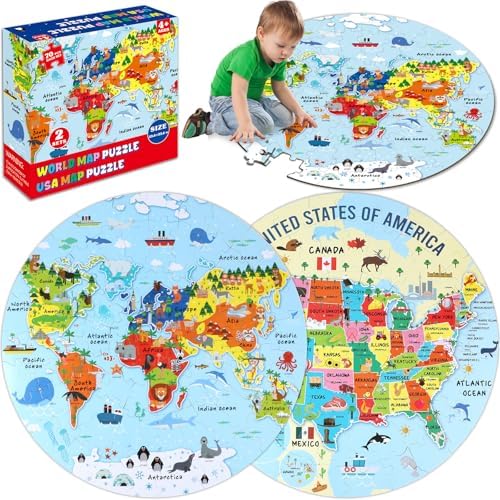 2 Sets World Puzzle United States Map Puzzle with Poster World and US Geography Jumbo Round Floor Puzzles Jigsaw for Kids Ages 3-5 Educational Learning Toys Puzzles Valentines Birthday Gift 70 Pieces by Justforjoyful