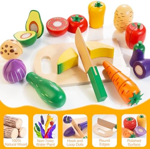 Wooden Play Food Set for Kids Kitchen, Cutting Veggies & Fruits Toy Set - Image 2