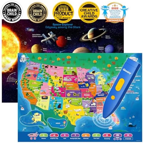 Bilingual Educational Talking USA Map Solar System Poster for Kid Learning by Qiaojoy