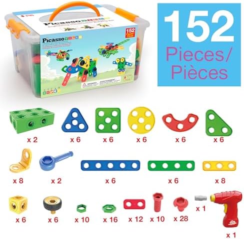 PicassoTiles 152pc STEM Construction Toy Building Set for Kids Ages 3+ Includes Power Drill, Ratchet, Idea Book, Storage Box Educational Engineering Science Kit & Sensory Toys for Boys & Girls PTN152 - Image 3