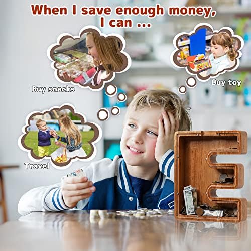 Personalized Large Wooden Kids Letter Piggy Bank - (Laser Engraved) Custom Piggy Bank for Boys Girls - Wooden Banks with Initials - Alphabet Money Box Bank Birthday Letter E Bank - Image 5