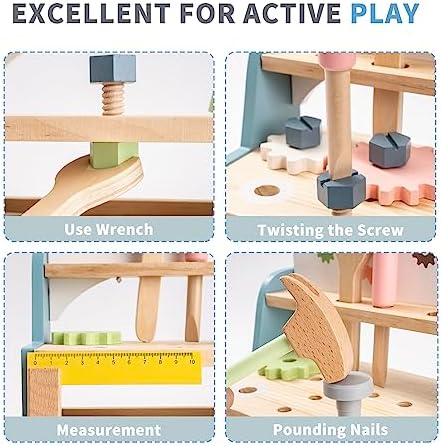 ROBOTIME Tool Bench Set for Toddlers - Mini Wooden Work Bench for Kids, Construction Toys w/Wooden Tools, Educational Pretend Play Gift Building Toy Tools Set for 18 Months 2 3 4 5 Boys Girls - Image 2