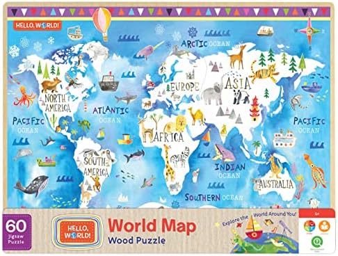 MasterPieces 60 Piece Jigsaw Puzzle for Kids - Hello, World World Map Wood Puzzle - 11.75"x16.5" by MasterPieces