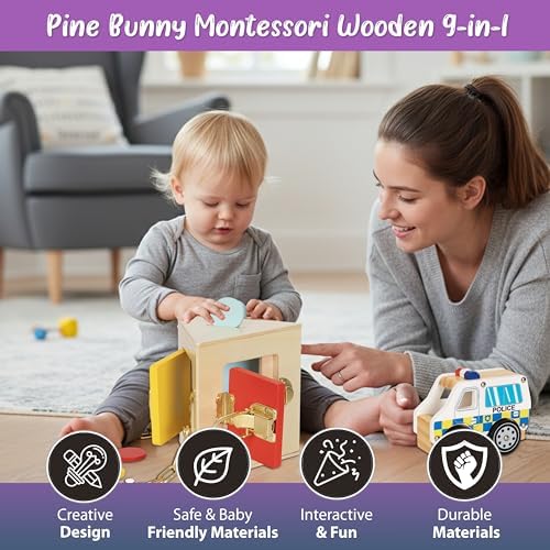 Pine Bunny Montessori Wooden 10-in-1 Toy Set for 19+ Months, Police Car, Triangular Lockbox, Cutting Fruits, Farm Cube Puzzle, Bear Xylophone, Educational Learning Problem Solving Music Toddler Toys - Image 4