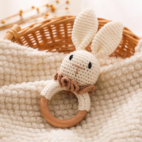 Wooden Baby Rattle，Crochet Bunny Rattle with Wood Ring, Newborn Wooden Animal Rattle Toy，Infant Bunny Wood Rattle Toys by Chriswell