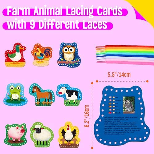 SpriteGru 9 PCS Kids Lacing Cards, 9 Double Sided Farm Animals Sewing Cards with 9 Colorful Laces, Educational & Learning Toys for Preschoolers, Kids Ages 3+ - Image 2