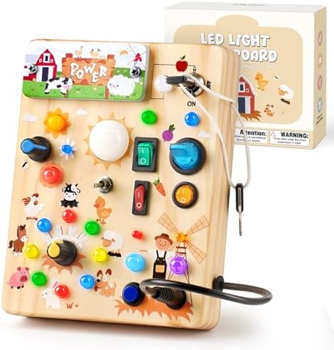 Sanlebi LED Busy Board for Toddlers 1-3,Montessori Toy with Key Switch, Light Up Wood Activity Sensory Board for Fine Motor Skills, Educational Travel Toy Gift for 1 2 3 Year Old Boys Girl by Sanlebi