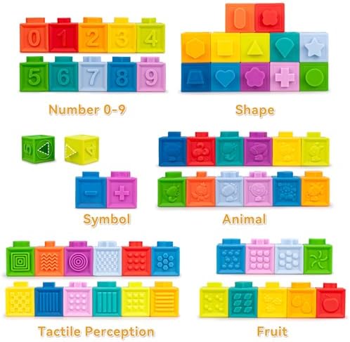 6 in1 Baby Toys 6-12 Months，Infant Toys 6-12 Months，Incl 12pc Soft Stacking Blocks &Silicone Pull String & Manhattan Ball& 2 Stacking Toys & Sensory Toys for Babies. Baby Development Toys - Image 2