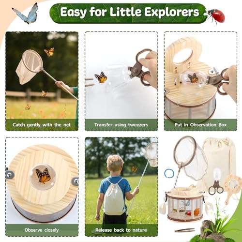 GAGAKU Wooden Bug Catcher Kit for Kids 4-8, Outdoor Explorer Set with Expandable Butterfly Net, Magnifying Glass, Tweezers, Educational Catching Toy for Backyard Camping, Gift for Boys Girls - Image 3