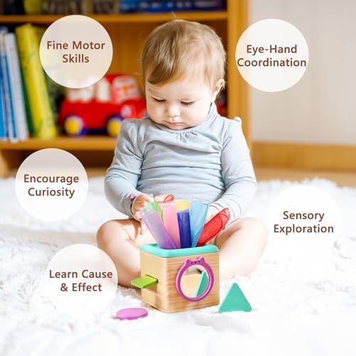 Youuys Wooden Baby Tissue Box Toy - Montessori Tissue Box Toy for Babies 12 Months with 3 Shape Blocks & 8 Silk Paper, Baby Boy Girl Gifts for Babies 12 18 Months Old Birthday Children Day - Image 2