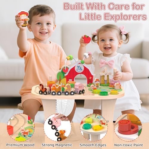 Kids Wooden Farm Activity Table for 1 2 3 Years Old, Montessori Learning Toy with Bead Maze, Shape Sorter & Animal Train, Sensory Development Toy for Toddlers, Educational Gift for Baby Boys Girls 1+ - Image 4