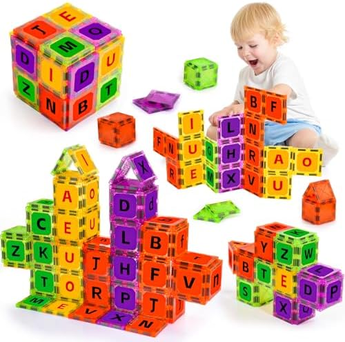 Magnetic Tiles Letters Toys, Alphabet Learning Toys for Toddlers 1-3 2-4 4-8, Classroom Must Have 48PCS Construction Toy, Toddler Games for Preschool Kids Spelling, Learning, Building, Educational Toy by Unknown
