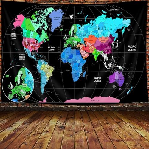 JAWO Educational Tapestry for Kids and Students - Countries and Major Cities, Asia, Europe, South America, Africa, Japan Wall Art - 71X60 Inch (Turquoise) by JAWO