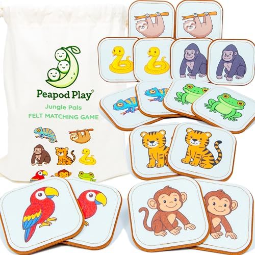 Felt Jungle Matching Game for Toddlers – Wild Animal Memory Game & Flash Cards – Soft and Safe for Ages 1+ – Montessori Preschool Learning Activity – Educational Jungle Toy for Boys & Girls by PeapodPlay