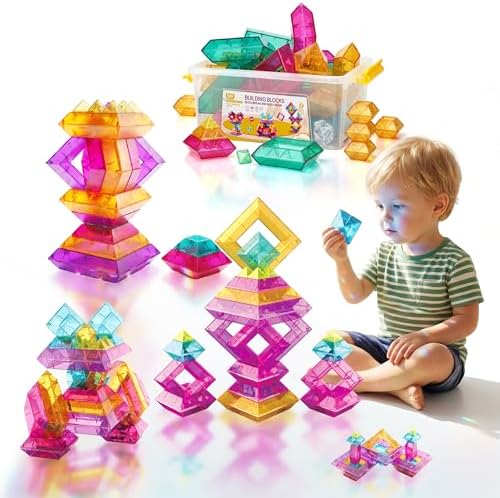 STEM Building Blocks Set for Toddlers 2-5,40Pcs 3D Transparent Blocks Toy,DIY Pyramid Stacking Toy for Toddlers 2 3 4,STEM Preschool Learning Activities for Kids,Sensory Gifts for Age of 3-6 Boy&Girl by StrawBuildingClub