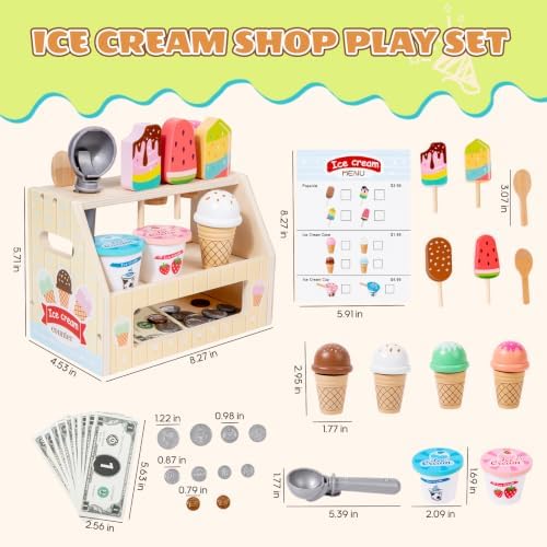 BROWNROOT Wooden Ice Cream Shop Toy with Menu and Play Money for Kids - Image 6