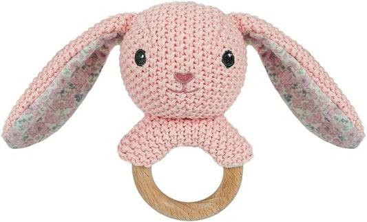 Baby Toys Stuffed Animals Handbell,Rabbit Rattle Toy Wooden Rattle Toys for Baby,Knit Bunny Stuffed Animal Cute Rattle with Teether Ring Newborn Birthday Gifts（Bunny） by JUSTQUNSEEN