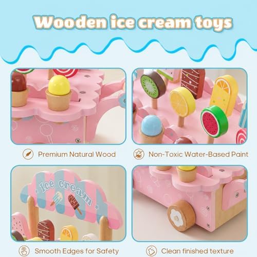 BROWNROOT Wooden Ice Cream Cart, Pull Along Pretend Play Toy for Kids - Image 2