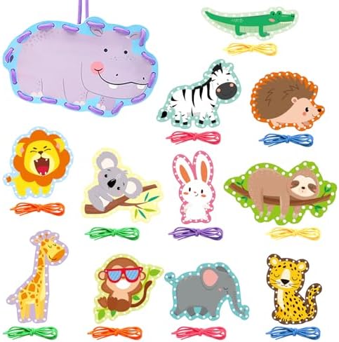 Omlisca Jungle Animal Lacing Cards for Kids 12 Packs Double Sided Sewing Kits Lion Wild Animal Sewing Cards Educational & Learning Activities Fine Motor Skill for School Supplies Jungle Party Decor by Omlisca