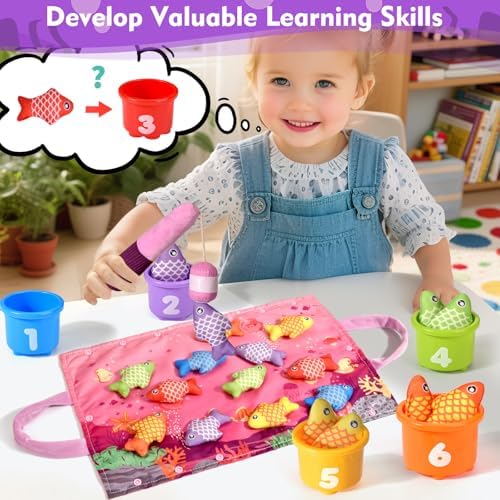 Montessori Toys for 1 Year Old Girl Gifts, Pink Cloth Fishing Toy for Toddler 1-3, Fine Motor Skills Toy Sorting Learning Baby Toys 6-12-18 Months, Toddler Toys for Baby Easter Gifts - Image 4