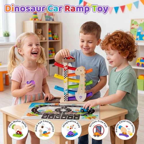 6-Level Wooden Car Ramp Toy with Road Puzzle and 6 Cars, Ages 18M+ - Image 4
