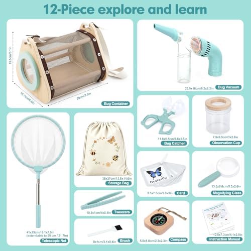 Kids Bug Catcher Kit, 11-Piece Outdoor Explorer Set with Bug Vacuum, Wooden Insect House, Butterfly Net, Ages 4-8 - Image 3